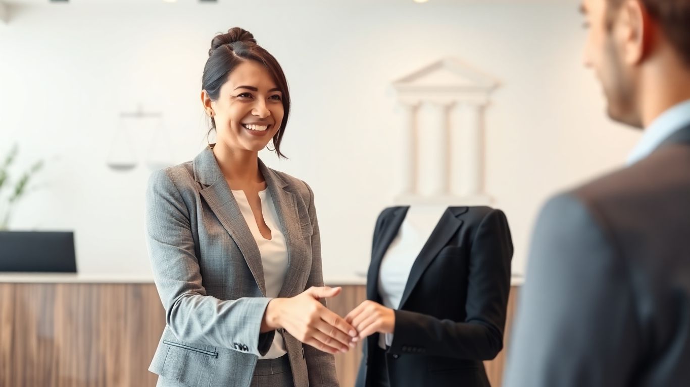Virtual receptionist assisting a client in a law firm office.