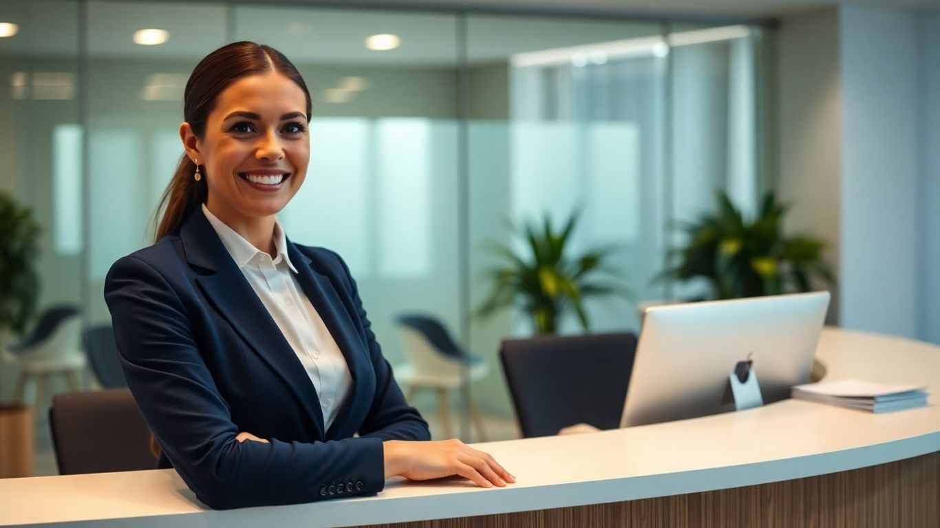 Law firm receptionist smiling in a modern office.