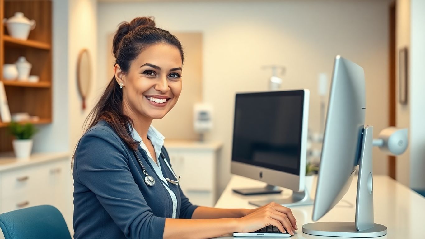 Medical receptionist assisting a patient at a desk.