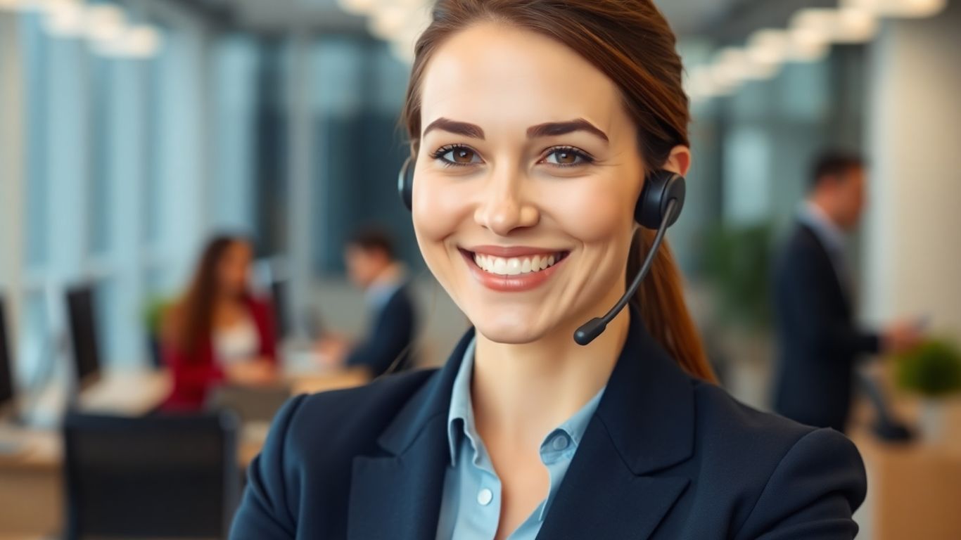 Virtual receptionist handling calls in a modern office.