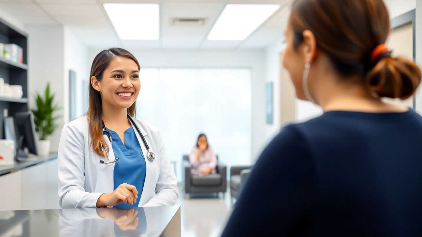 Medical receptionist assisting a patient in a modern office.