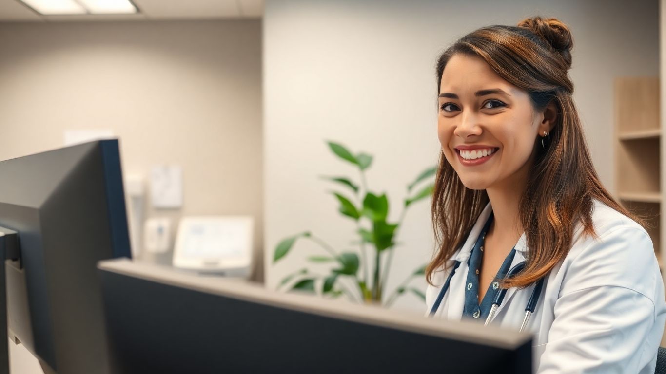 Medical receptionist assisting a patient virtually.