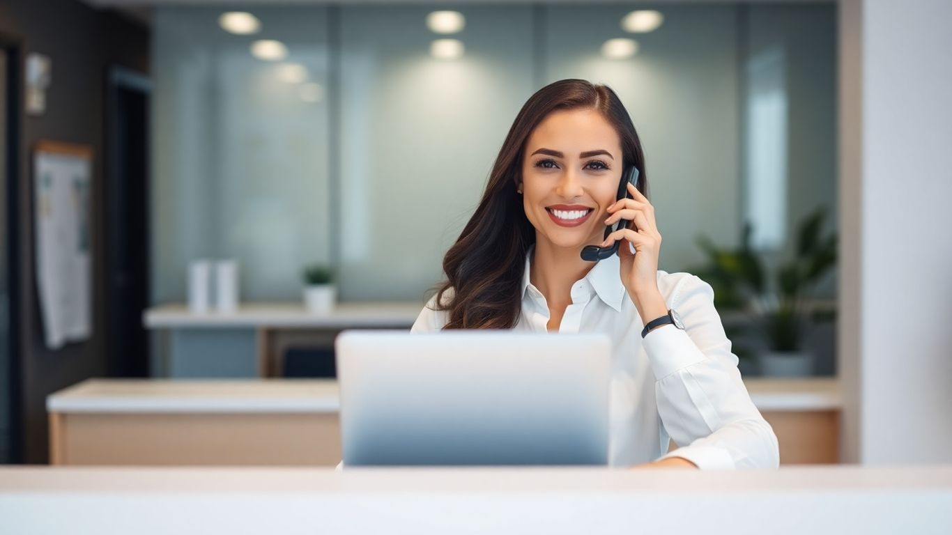 HVAC business receptionist answering a phone call professionally.