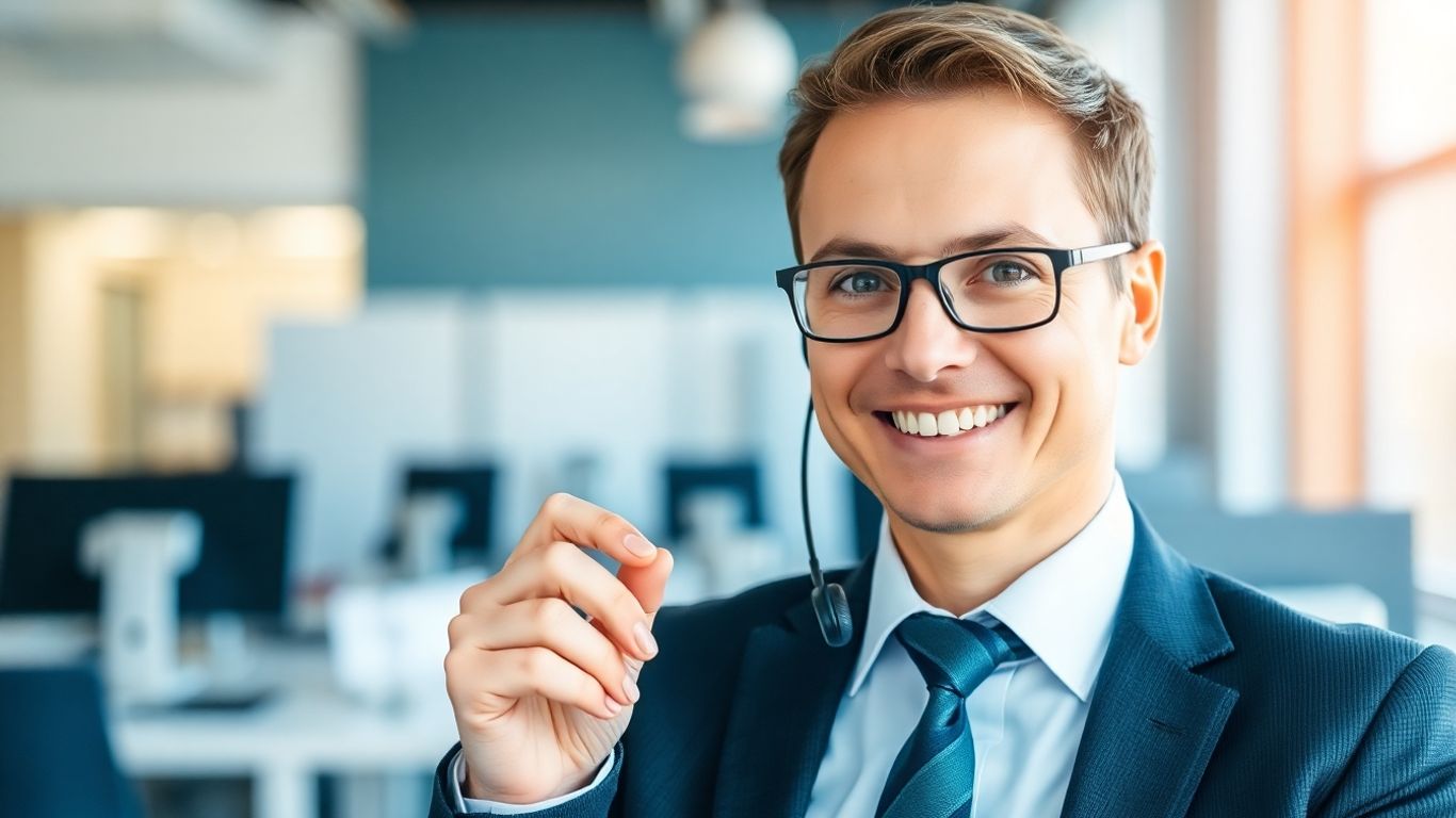 Virtual receptionist in a modern office setting with a headset.