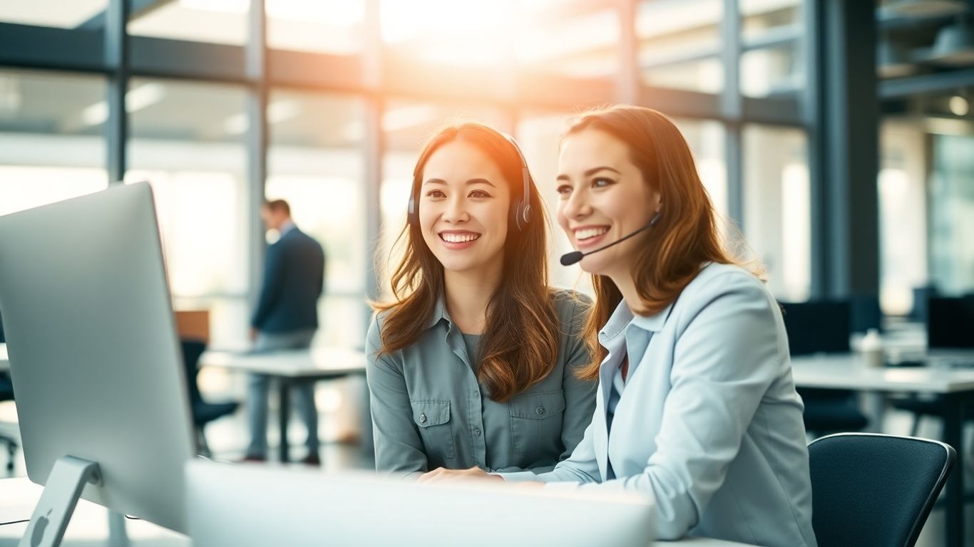 Professional receptionist answering calls in a modern office.