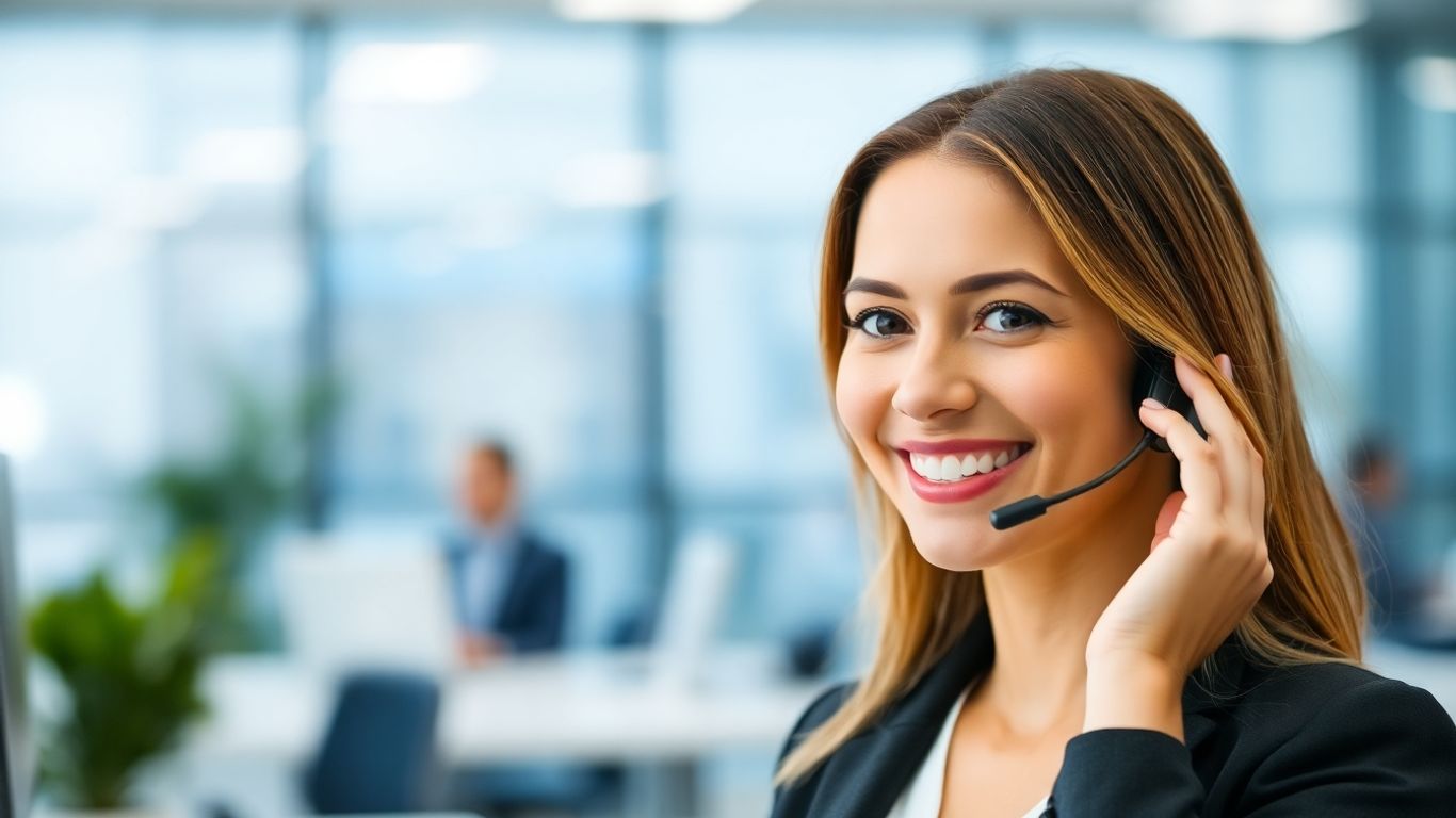 Professional receptionist with headset in office.