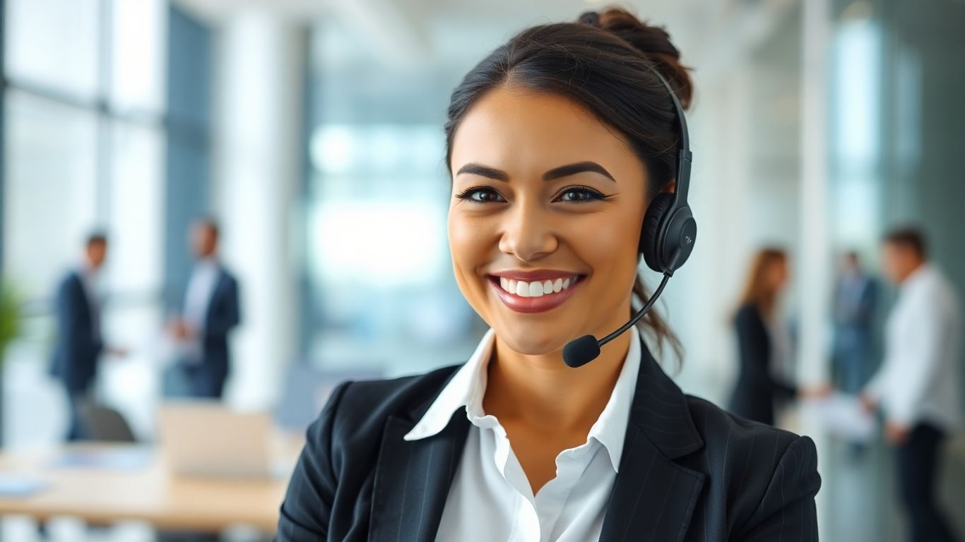 Professional virtual receptionist assisting a client on the phone.