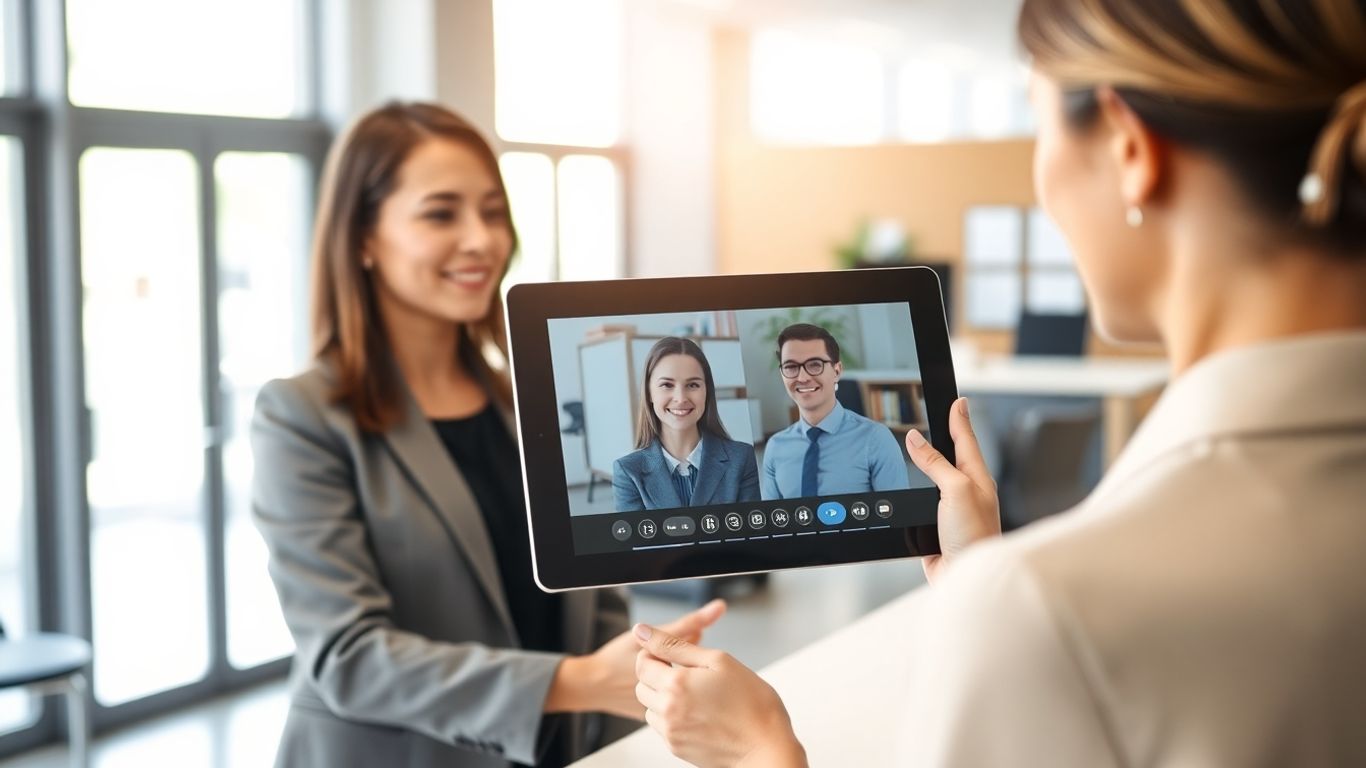 Virtual receptionist scheduling an appointment on a tablet.