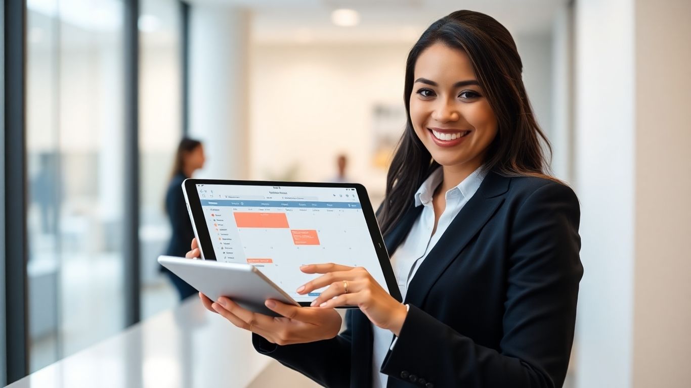 Virtual receptionist scheduling appointments on a tablet.