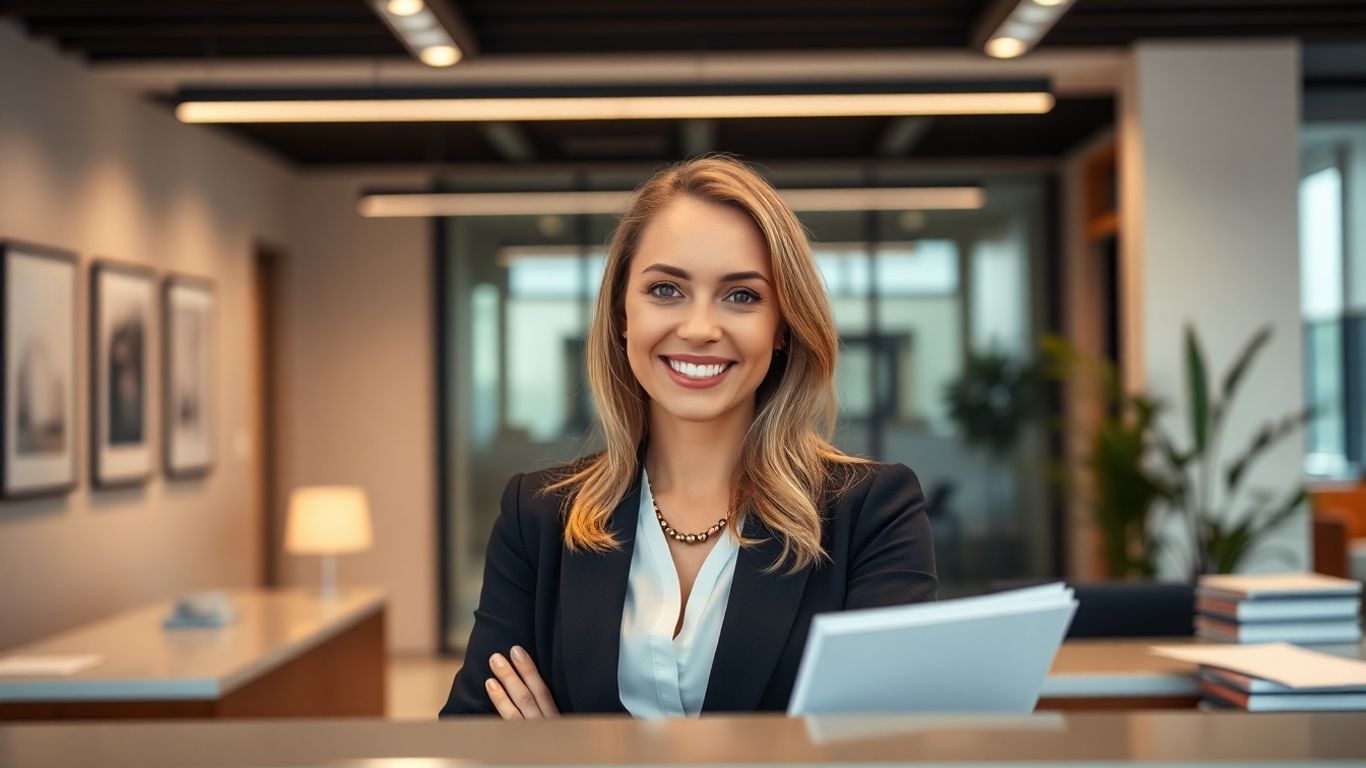 Law firm receptionist assisting a client.