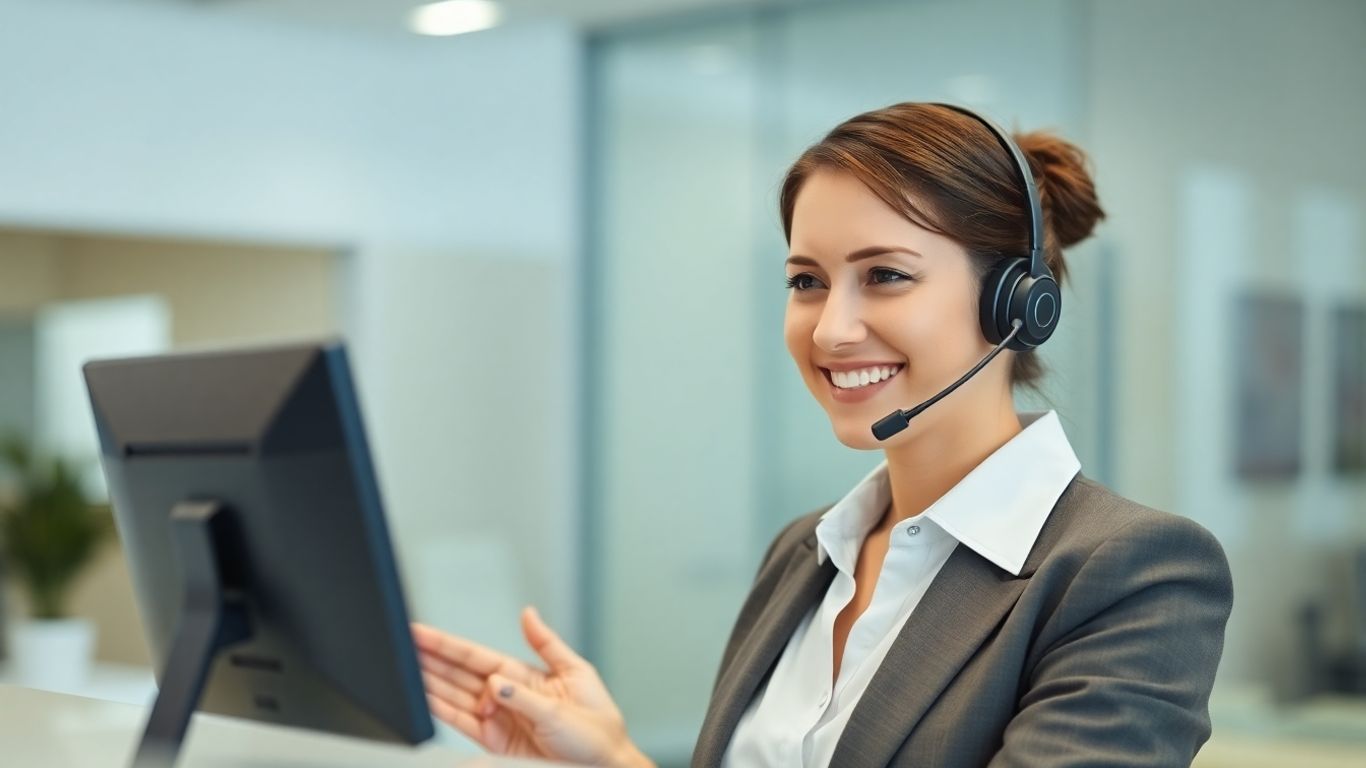 Professional receptionist answering a phone with a headset.