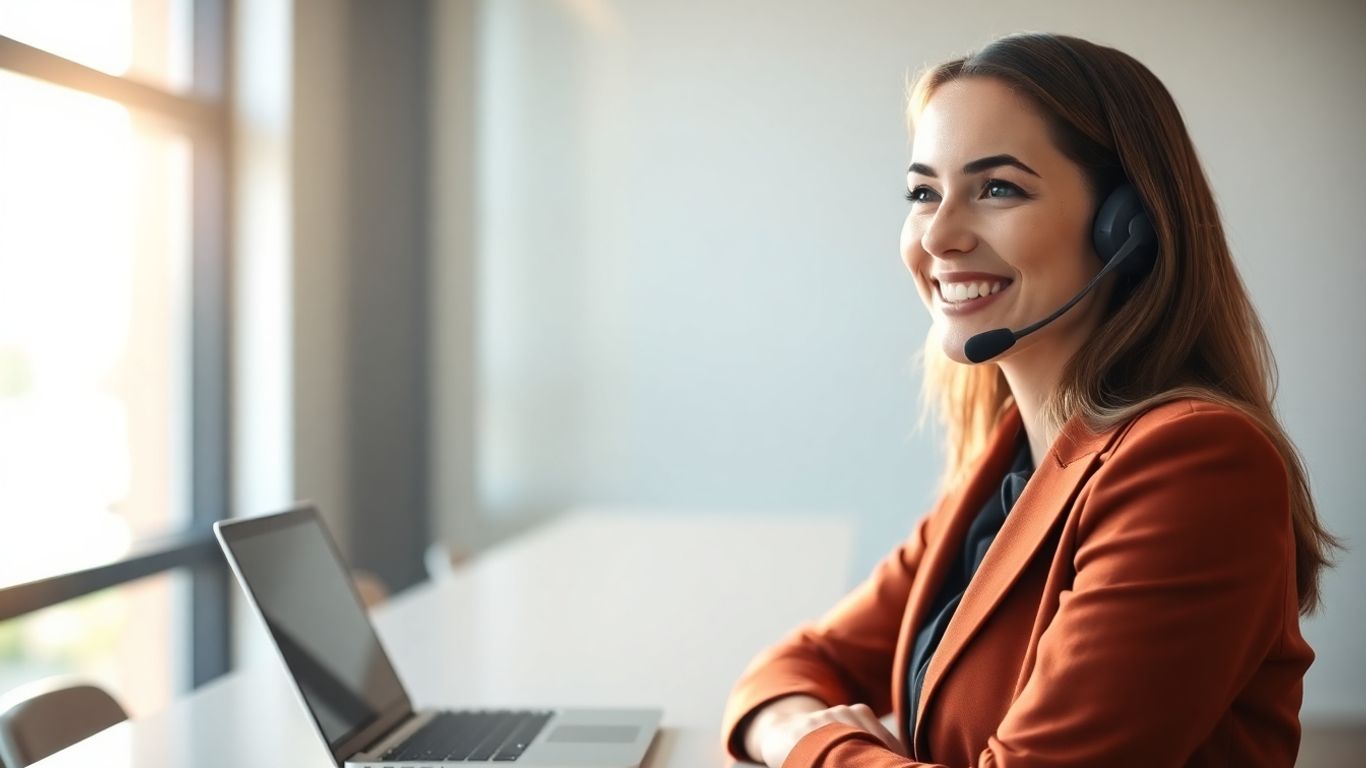 Professional receptionist in office with headset and laptop.