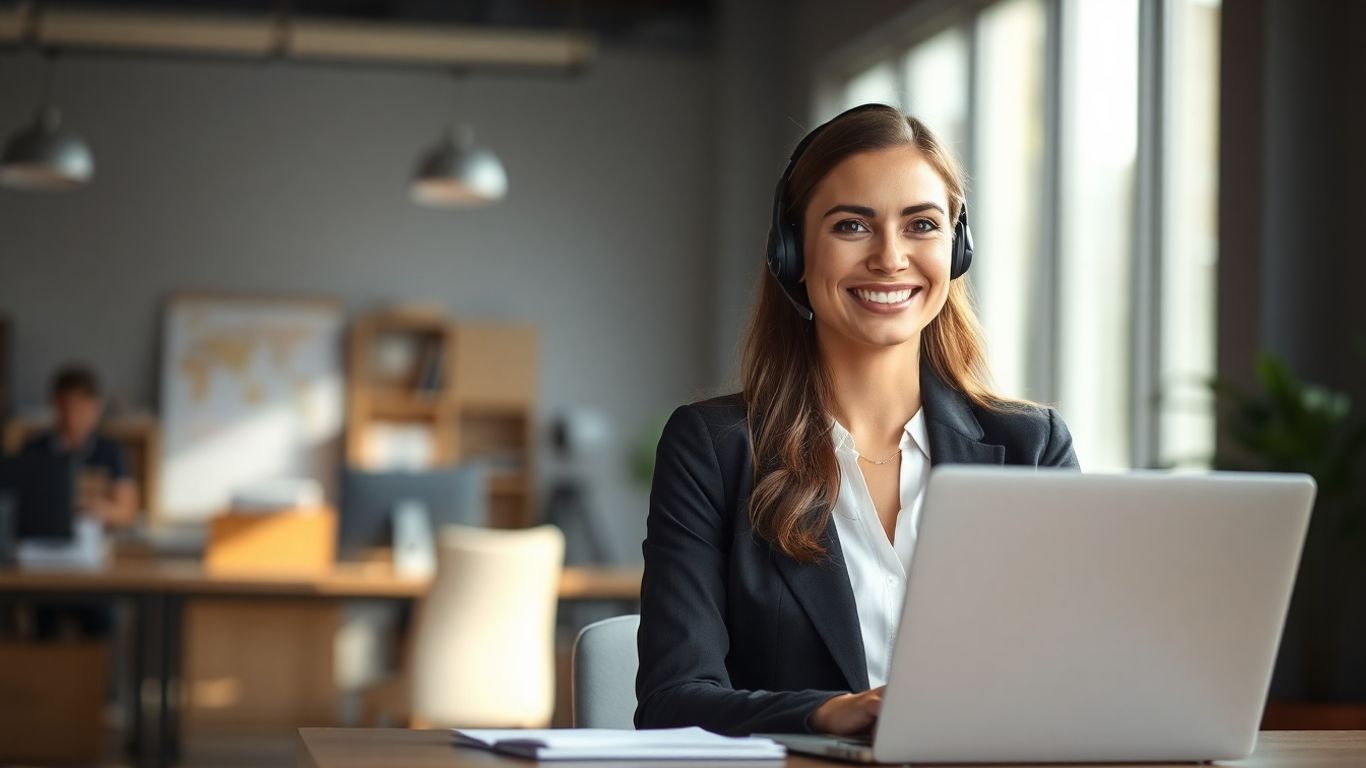 Professional woman with headset in modern office