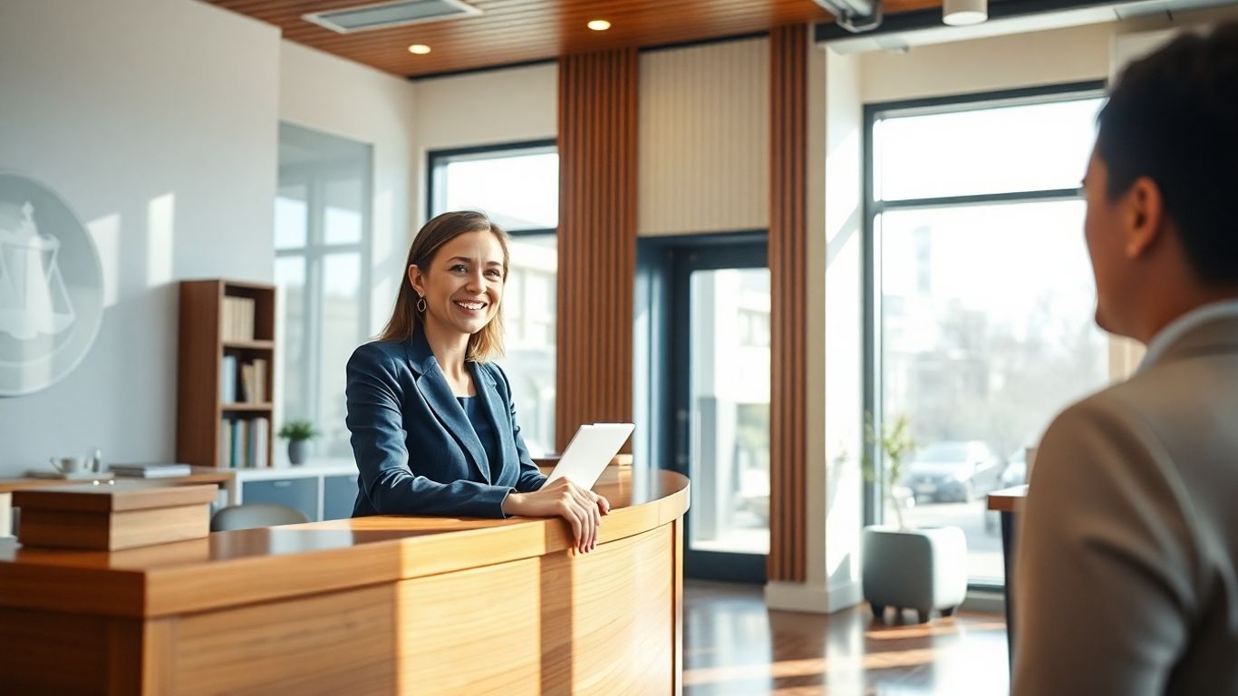 Law firm receptionist assisting a client with a smile.