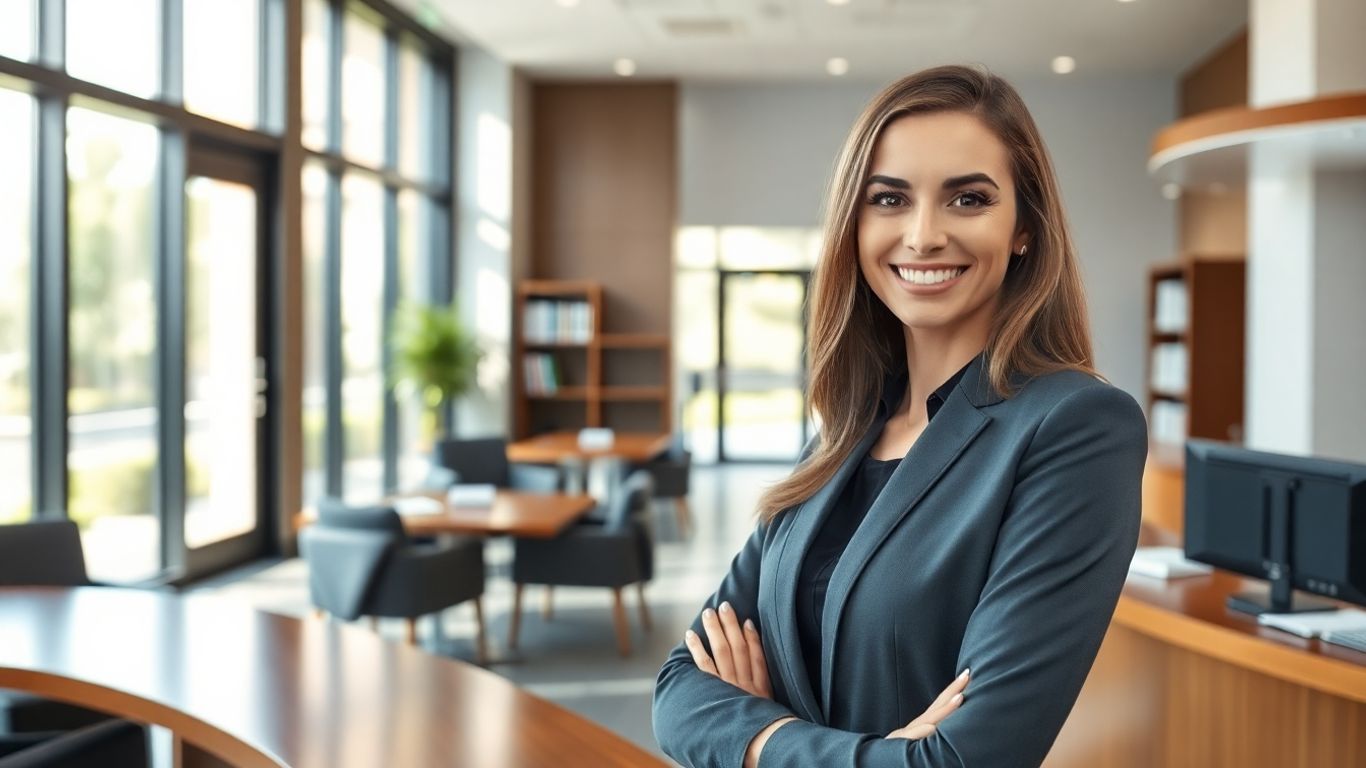 Law firm receptionist smiling in modern office.