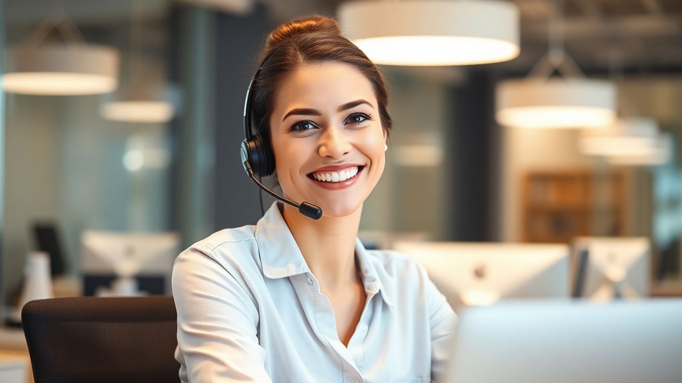 Professional woman using a headset in an office.