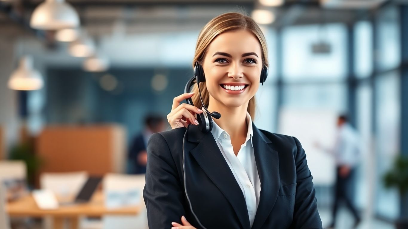 Professional virtual receptionist with headset in office.