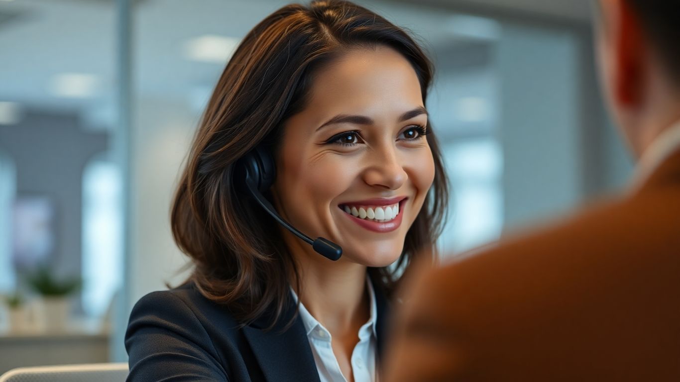 Professional woman on headset, smiling, after hours virtual receptionist