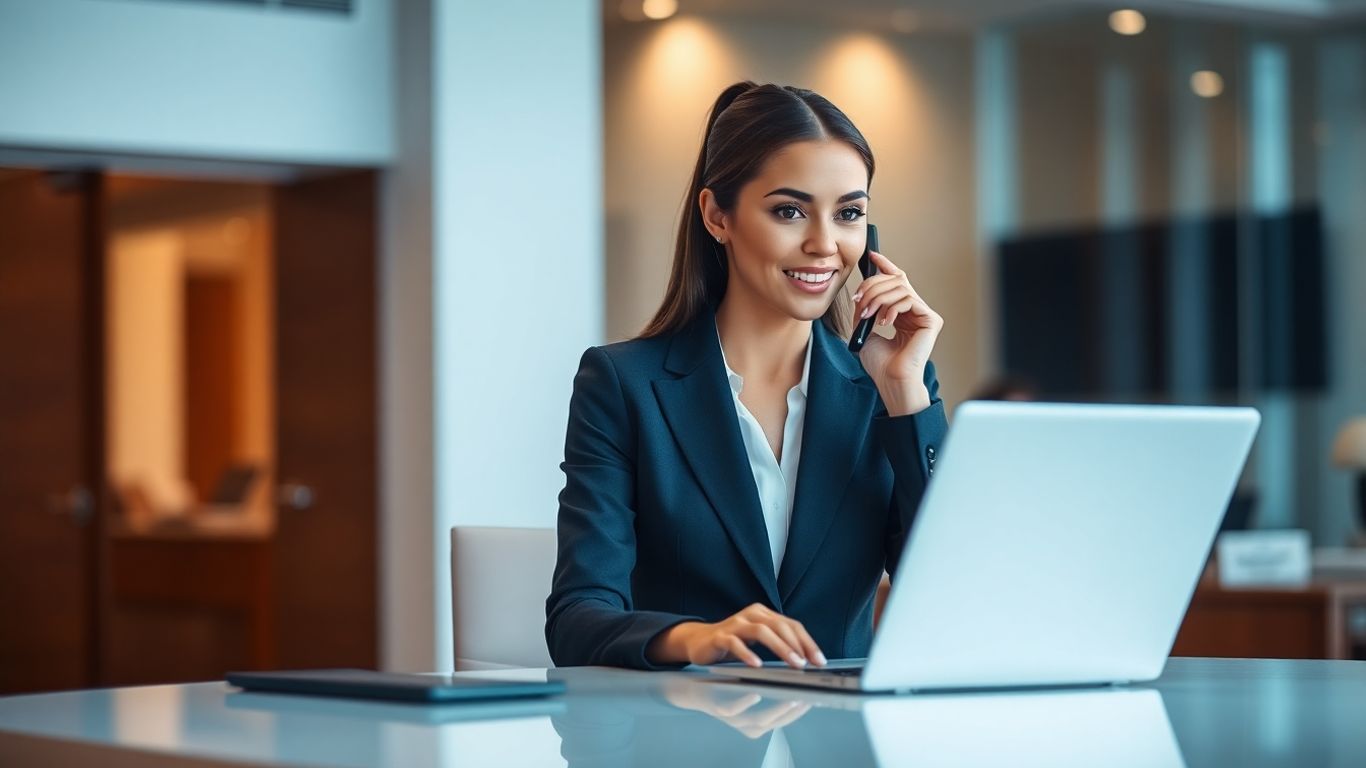 Professional woman answering phone at a modern desk.