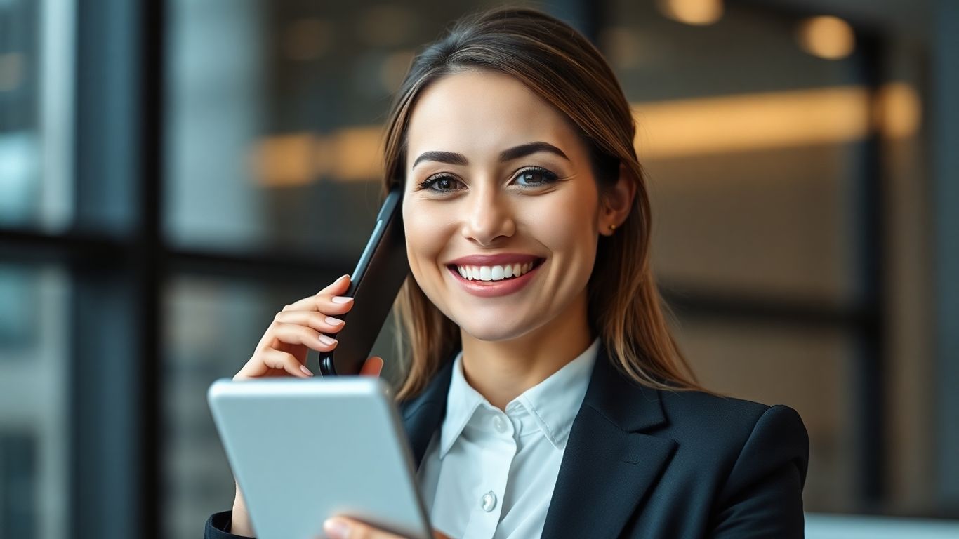 Professional receptionist answering a modern phone in a stylish office.
