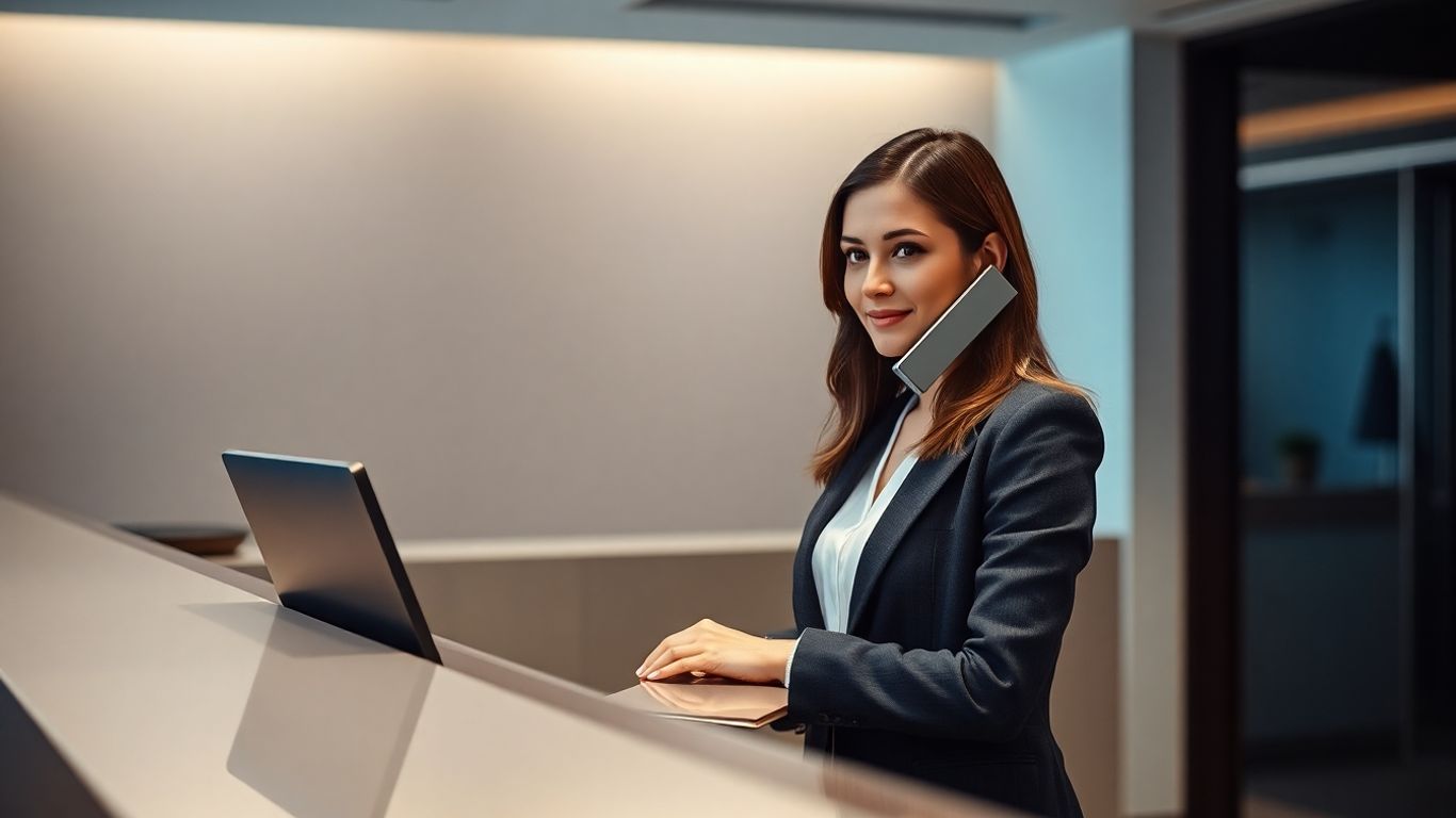 Professional receptionist answering a call in a modern office.