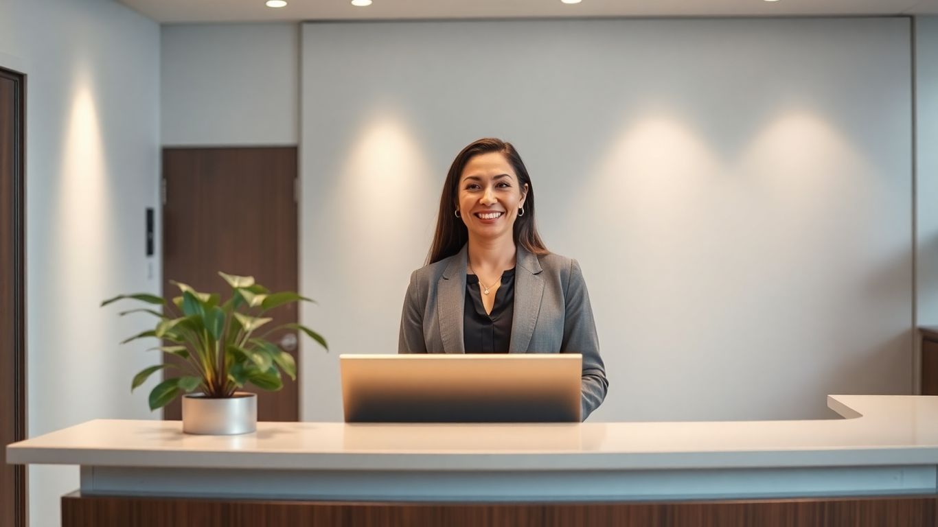 Professional receptionist in a modern office.