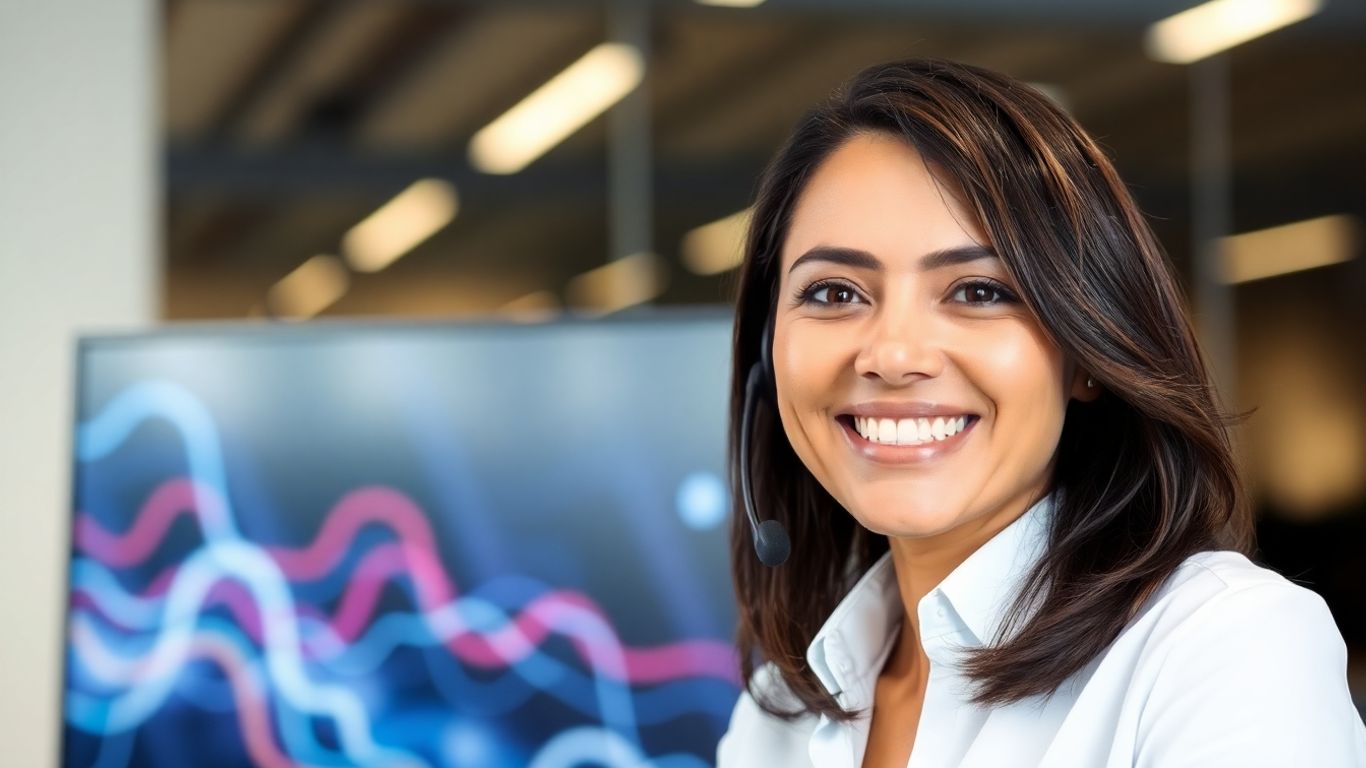 Virtual receptionist with headset and modern office background.