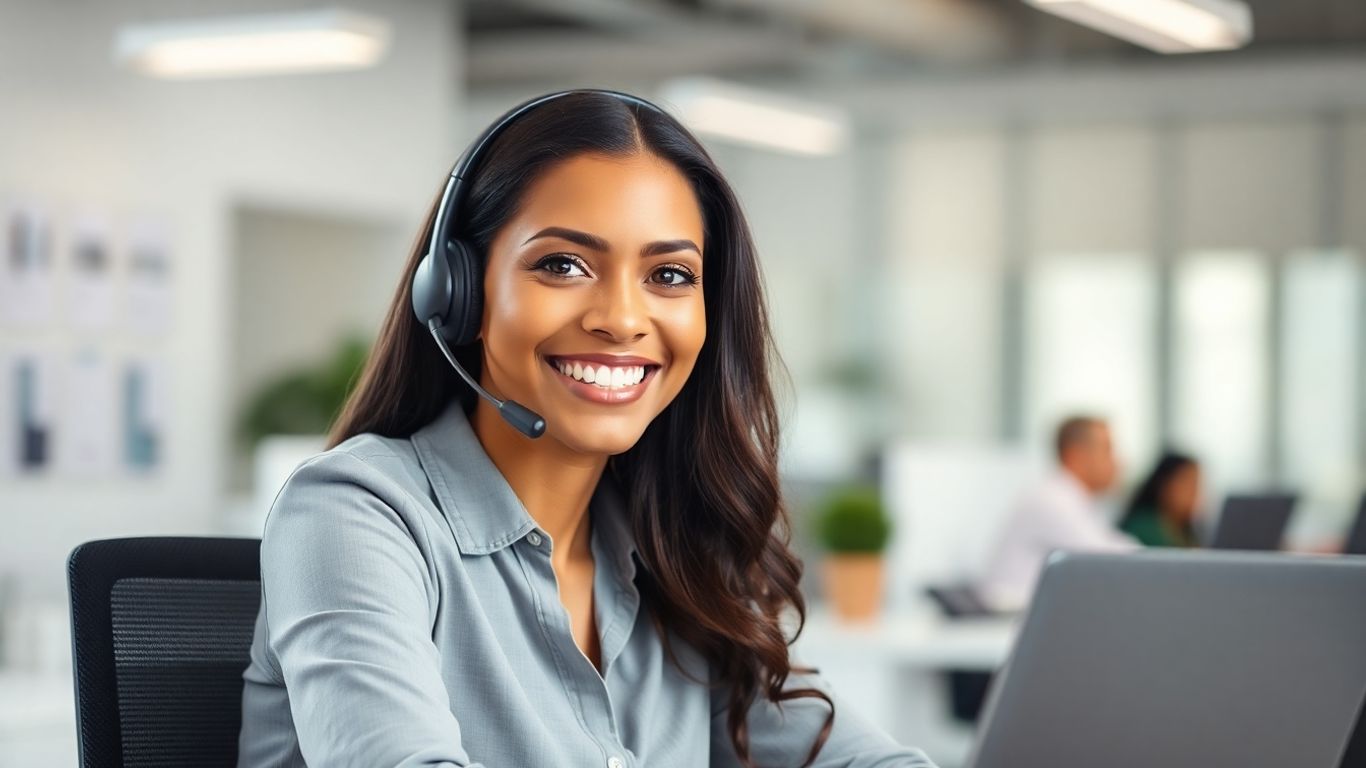 Professional receptionist with headset at desk