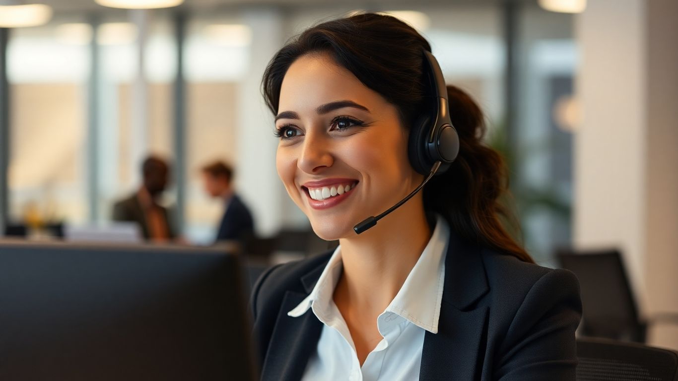 Professional woman with headset, ready to assist.