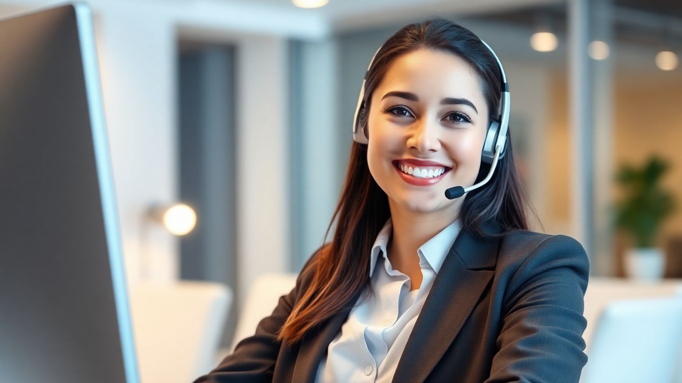 Professional woman with headset assisting business operations.