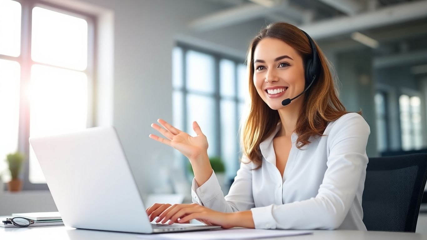 Virtual assistant receptionist working at a desk with a headset.