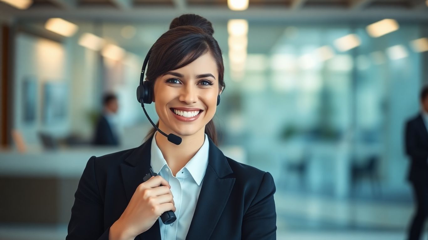 Virtual assistant receptionist with headset in a modern office.