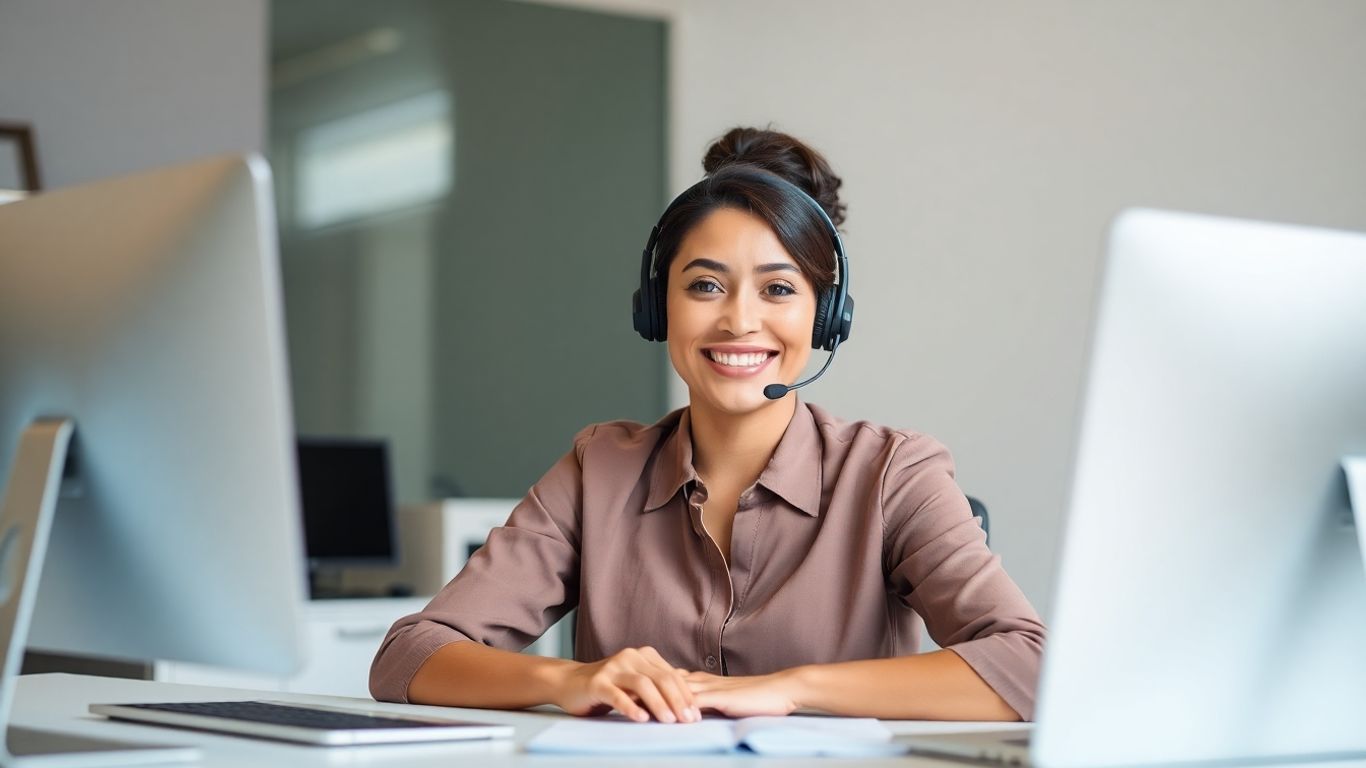 Virtual assistant receptionist with headset at desk.
