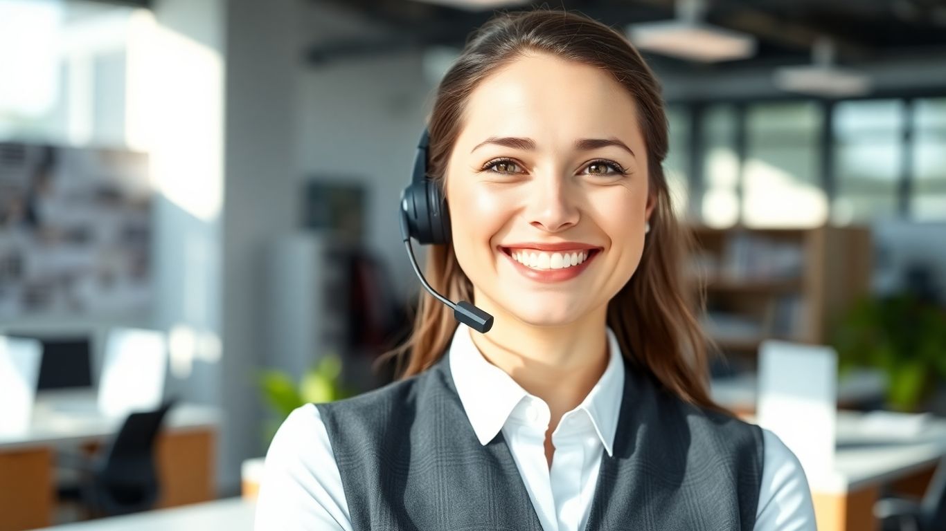 Virtual assistant receptionist with headset in a modern office.