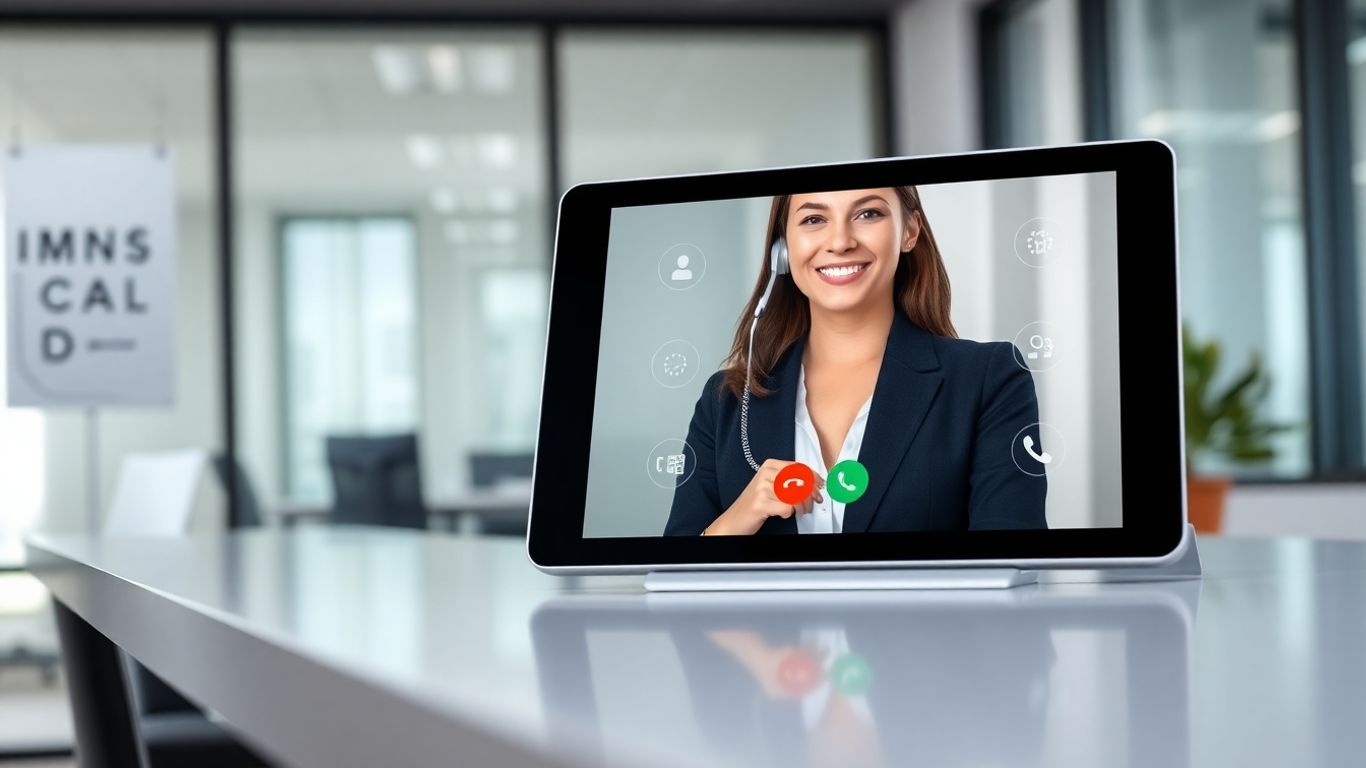 Virtual receptionist handling multiple calls on a tablet.