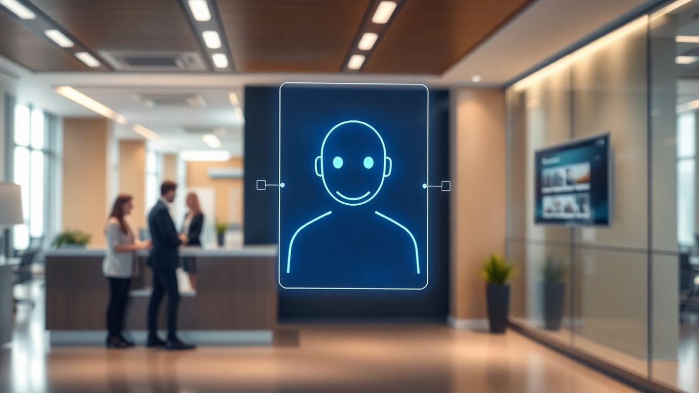 AI virtual receptionist interface in a modern office setting.