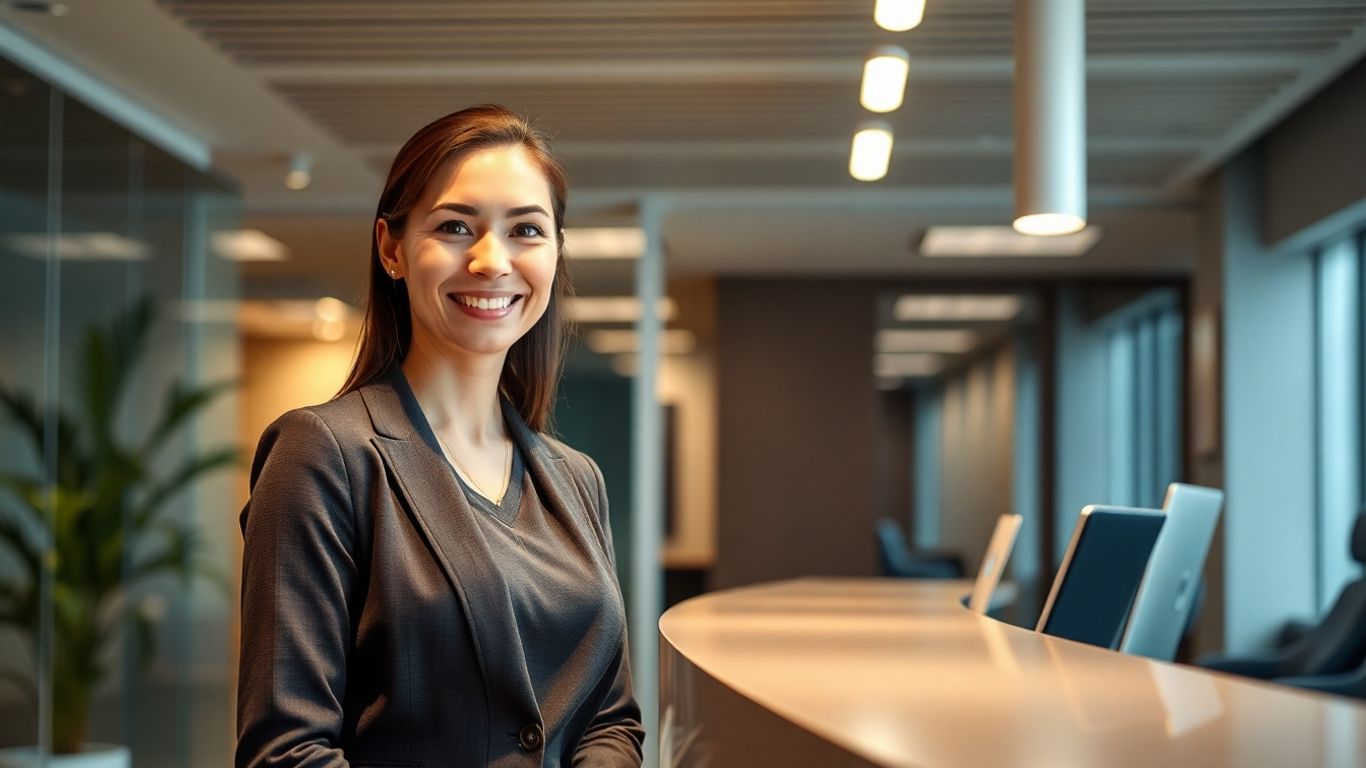 Professional receptionist in a modern office setting.