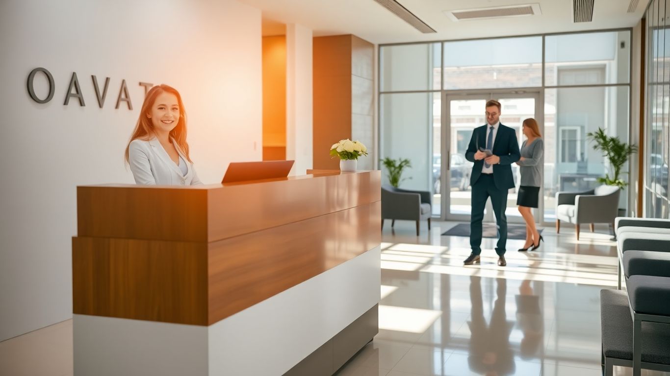 Law firm receptionist assisting a client, lawyer in background.