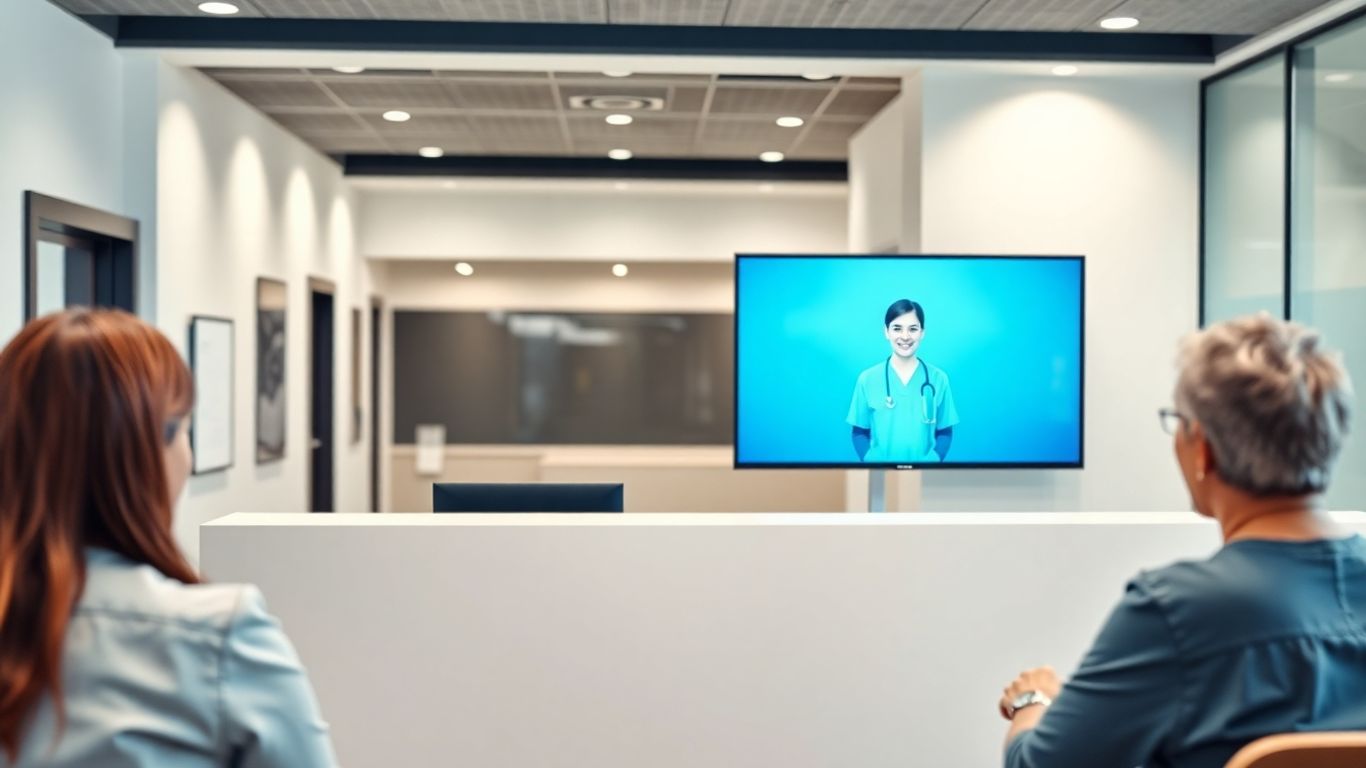 Virtual receptionist assisting a patient in a modern medical office.