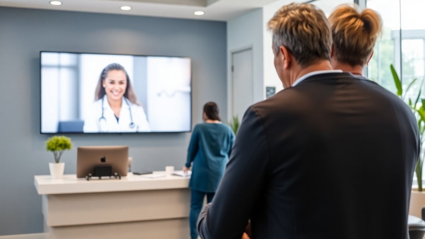 Virtual receptionist assisting doctor and patient in a modern office.
