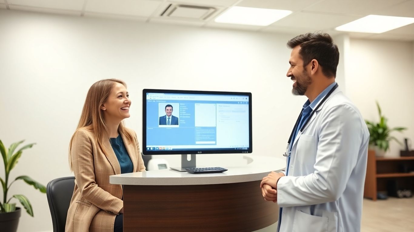 Medical office virtual receptionist assisting a patient.