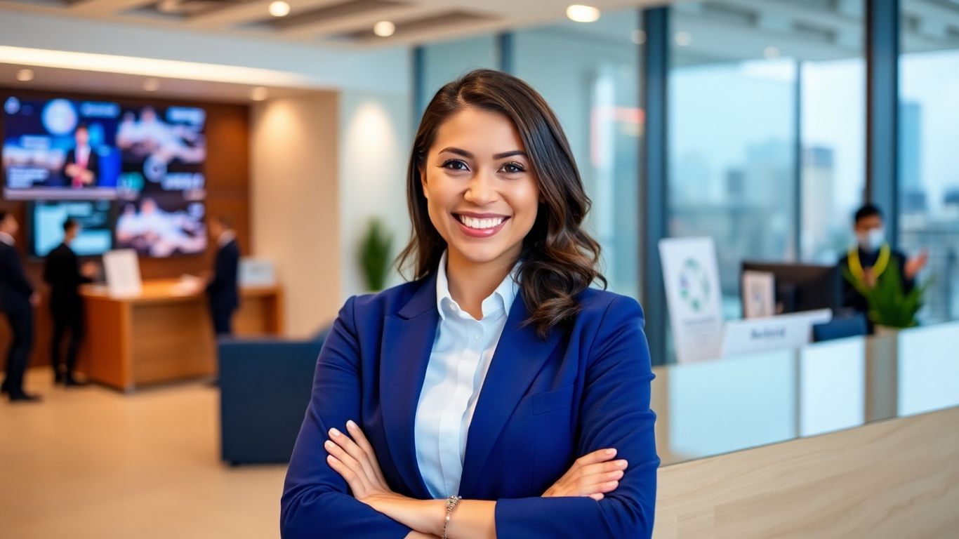 Professional receptionist in a modern office.