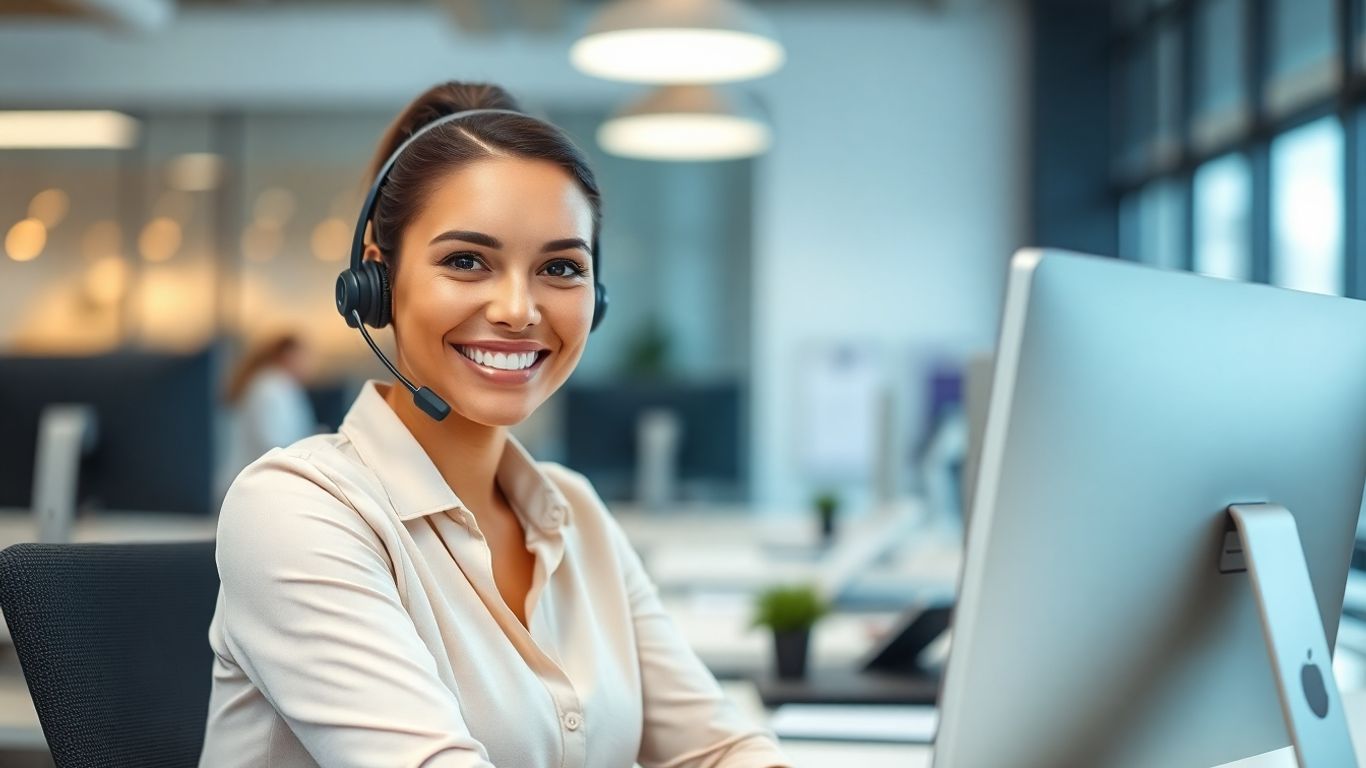 Professional woman with headset in a modern office.
