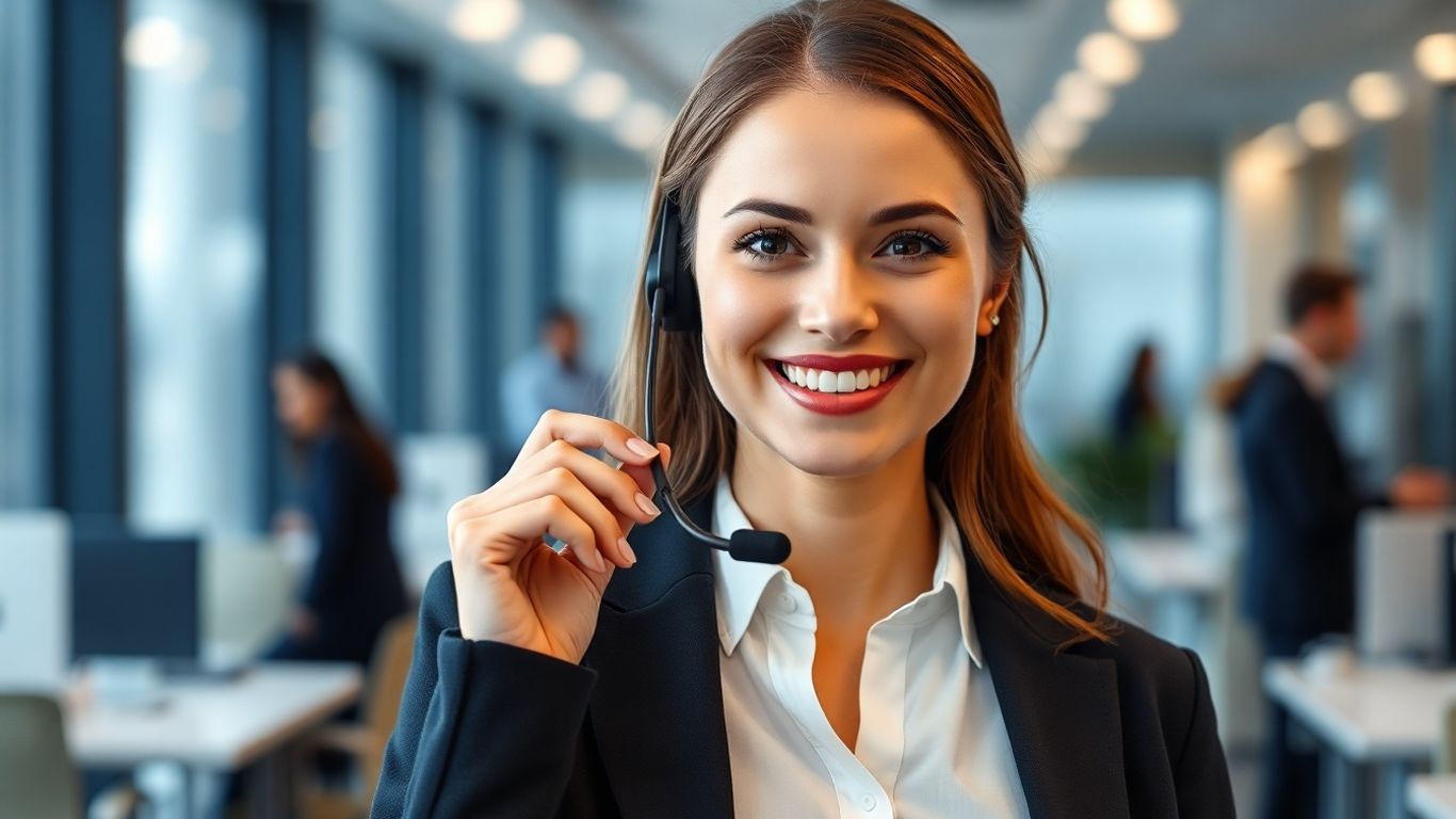Professional woman with headset in modern office.
