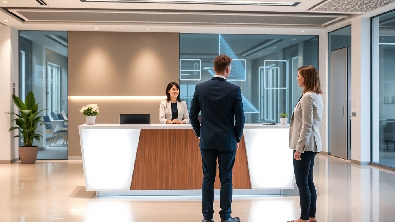 Virtual receptionist technology in a modern office setting.