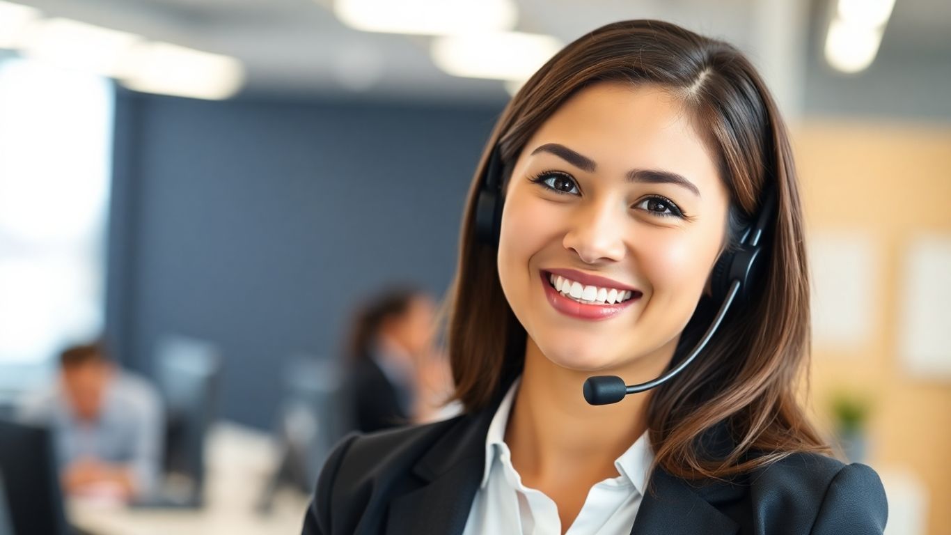 Virtual receptionist in a modern office with headset.