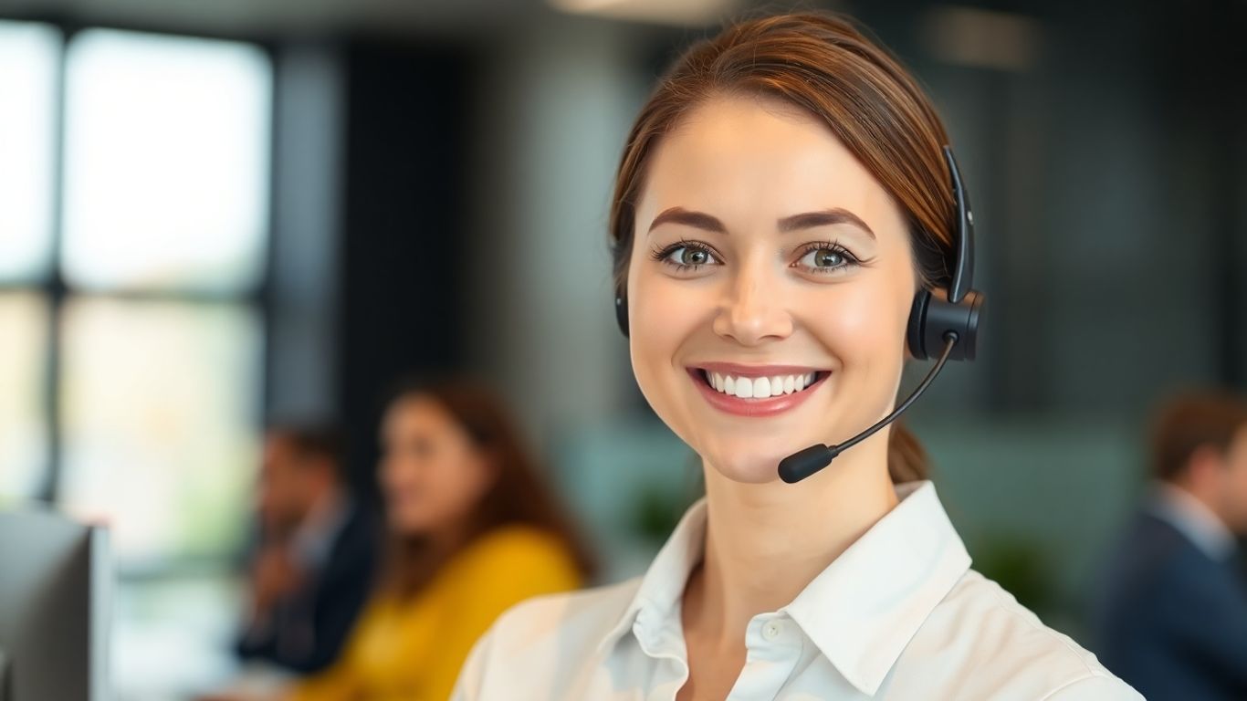Professional woman with headset in office, virtual receptionist