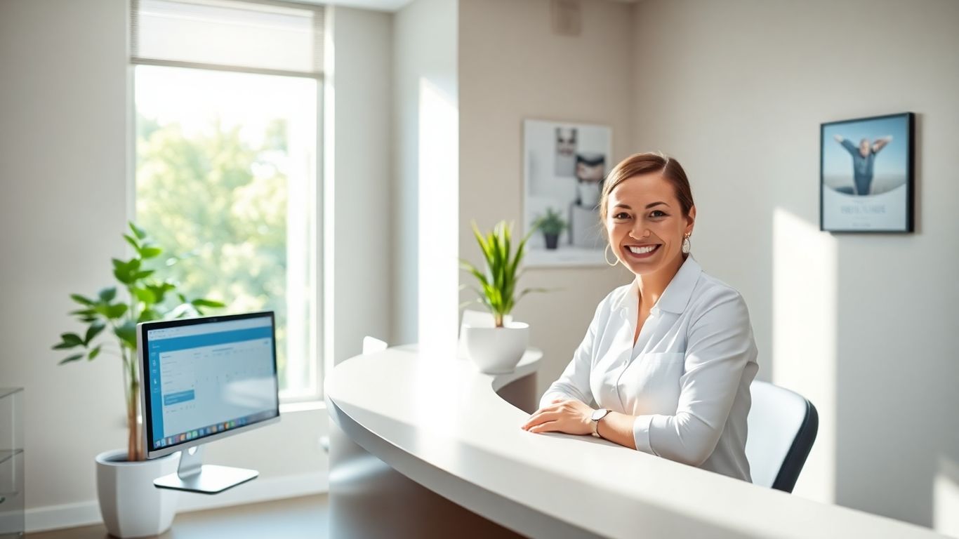 Dental receptionist assisting a patient at the front desk.