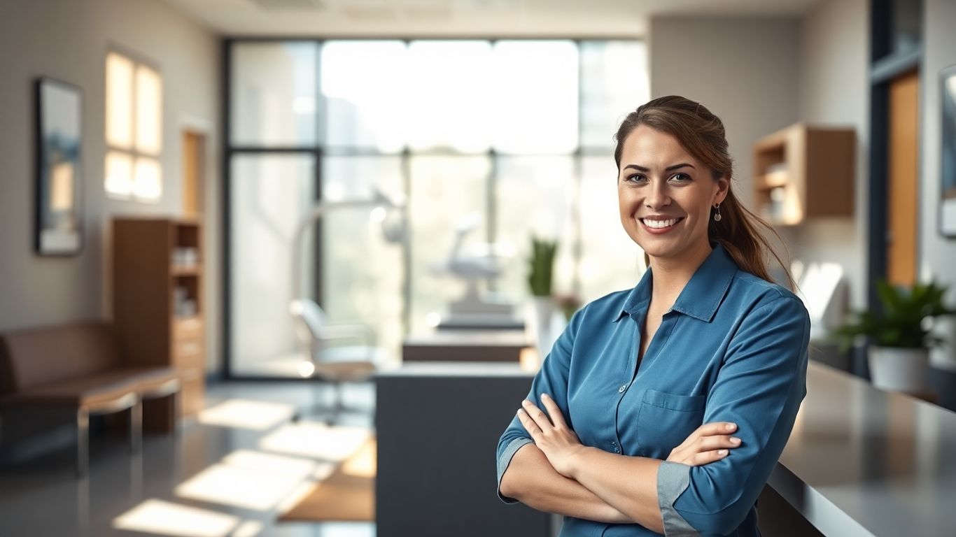 Dental receptionist smiling in a modern office.