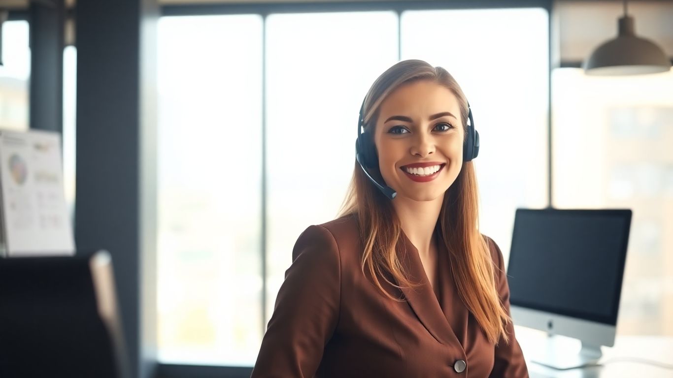 Professional woman with headset in a modern office.
